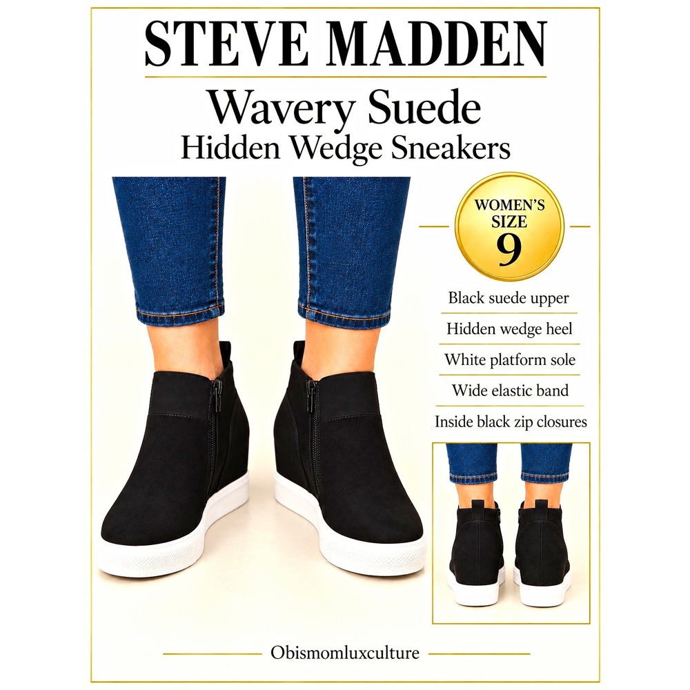 Size 9-Steve Madden Wavery Women's Black Suede Hidden Wedge Mid Top Zip Sneakers